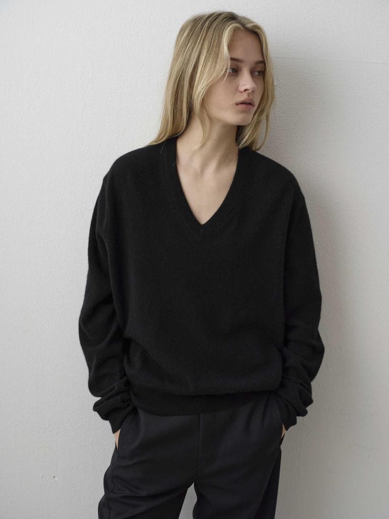 In-Stock: Women's V-Neck Wool Sweater - Fall/Winter Design, Simple Loose Fit, Slimming Knit Top