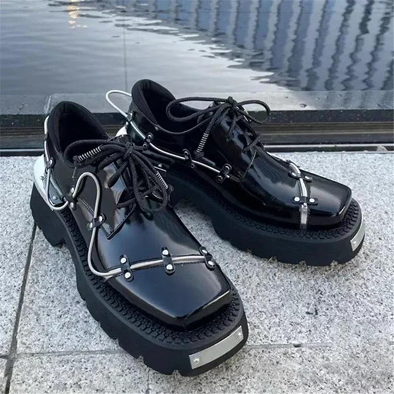 New Retro Metal Decor Women Derby Shoes Thick Sole Leather Shoes Casual Loafers Black Lace-up Platform Flats