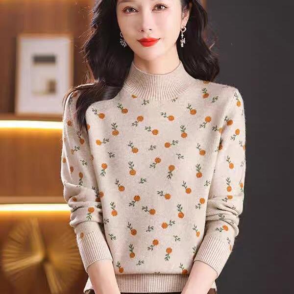 Semi-turtleneck Thickened Women's Autumn and Winter Loose Jacquard Cashmere Backing Sweater New Knitted Top