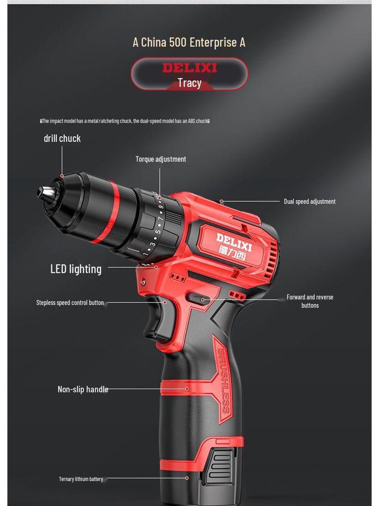 Delixi Cordless Brushless Handheld Drill, Rechargeable Multi-function Hammer Drill with Lithium Battery & Electric Screwdriver