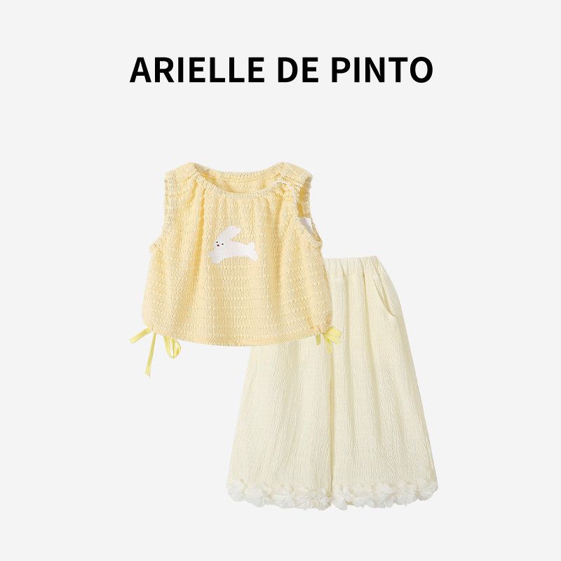 French Arielle De Pinto New Summer Rabbit Cropped Pants Set Fashionable Casual Girls  Outfit Yellow 90