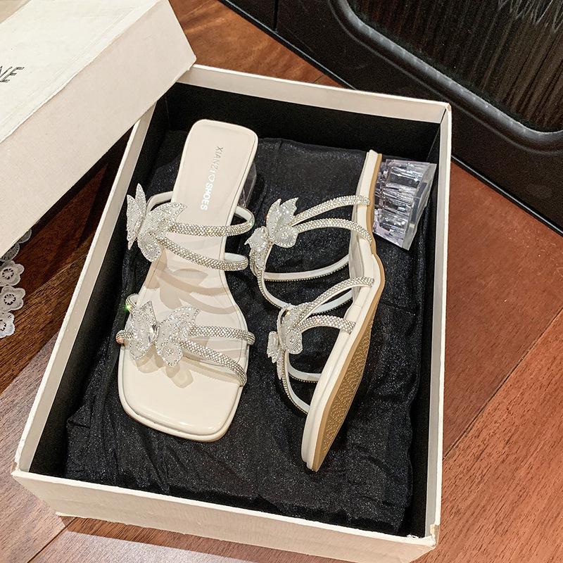 Butterfly rhinestone thick heel sandals women s summer new fashion square head transparent middle heel two wear cool slippers 35 бежевый 3187₽