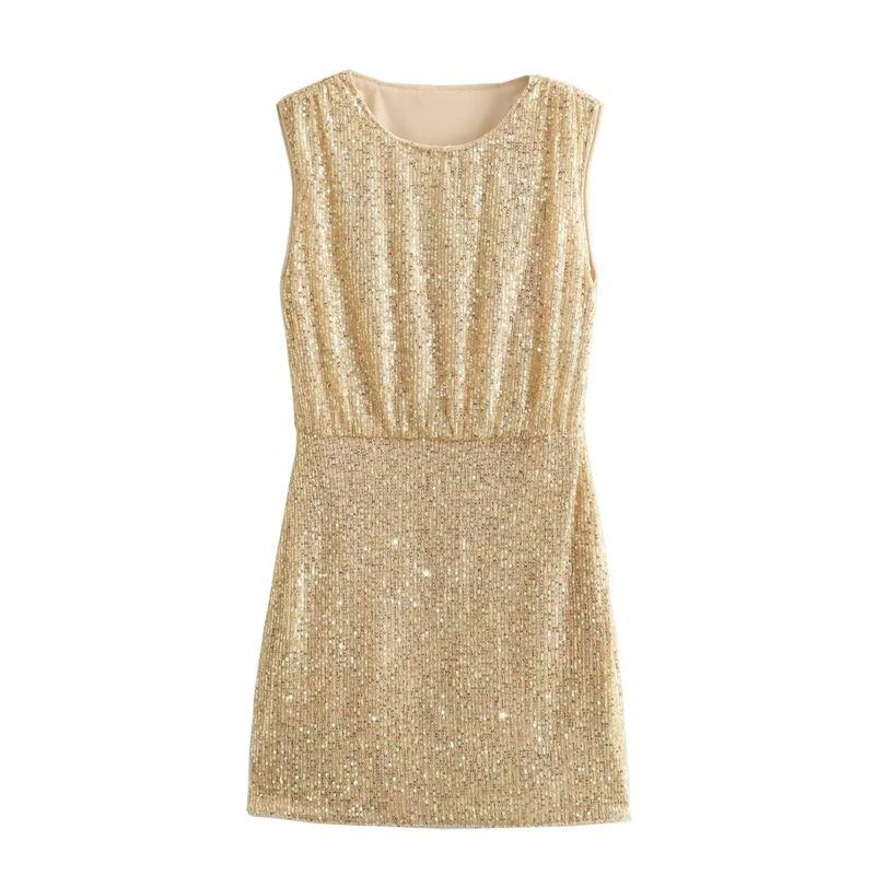 

Kaslead New Arrival Women s Clothing Fashion Style Fashion Minimalist round Neck Sleeveless Sequin Sheath Dress Champagne S
