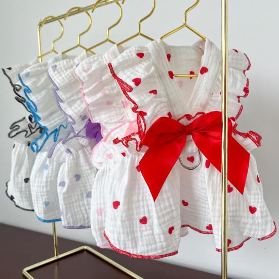 Pet Dress Love Heart Print Sleeveless Ruffle Bowknot Decor Breathable Spring Summer