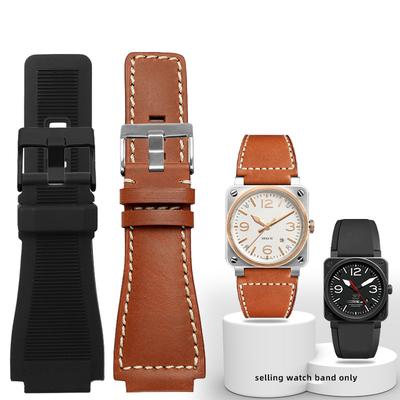 For Bell Ross B&R BR-01 BR-03 Men Genuine Leather Watchband Cowhide 35-24mm Convex Silicone Rubber Waterproof Watch Strap Tool