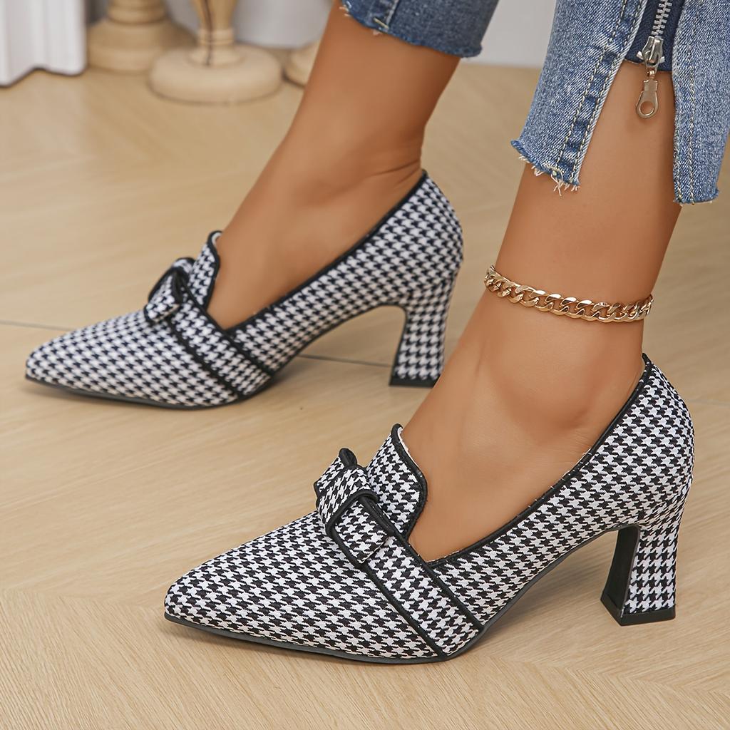 Chic Womens Houndstooth Pumps with Bow Accent - Comfortable Pointed Toe Block Heels for All-Occasion Stylish Work Wear