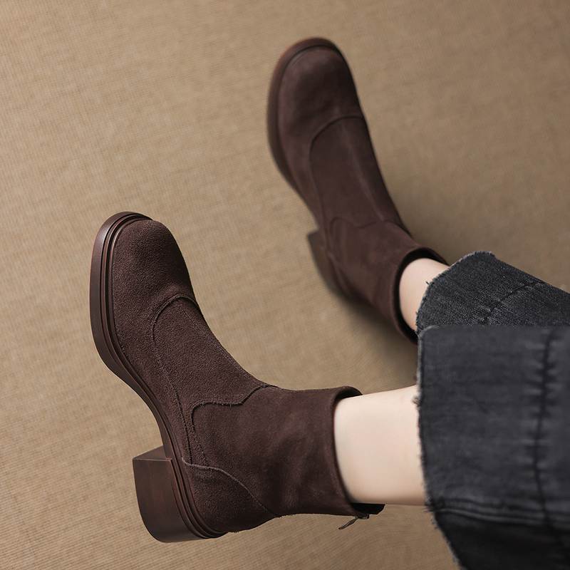 Krazing Pot Cow Suede Nubuck Round Toe Thick Heels Chelsea Boots Size 42 Concise Style Women Keep Warm Ankle Boots