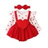 Robe barboteuse de saint-valentin pour petites filles, 3M 6M 9M 12M 18M, manches longues, à volants, lettres imprimées cœur, combinaisons avec bandeau, automne