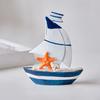 Sailboat Ornament, Wooden Iron Desktop Figure, Small Nautical Tabletop Decoration, Blue White Striped Lifebuoy Starfish Marine Style Ornament
