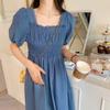 Summer Chic Waist-Cinching Slim Dress with Square Neck and Puff Sleeves