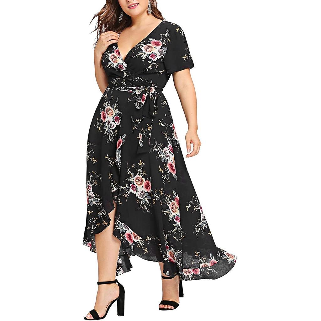 Women's Casual High Waist Belly Concealing V-Neck Print Plus Size Dresses
