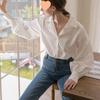Women's French Retro V-Neck Lantern Sleeve Shirt in White - Spring/Autumn Long Sleeve Suit Collar Top