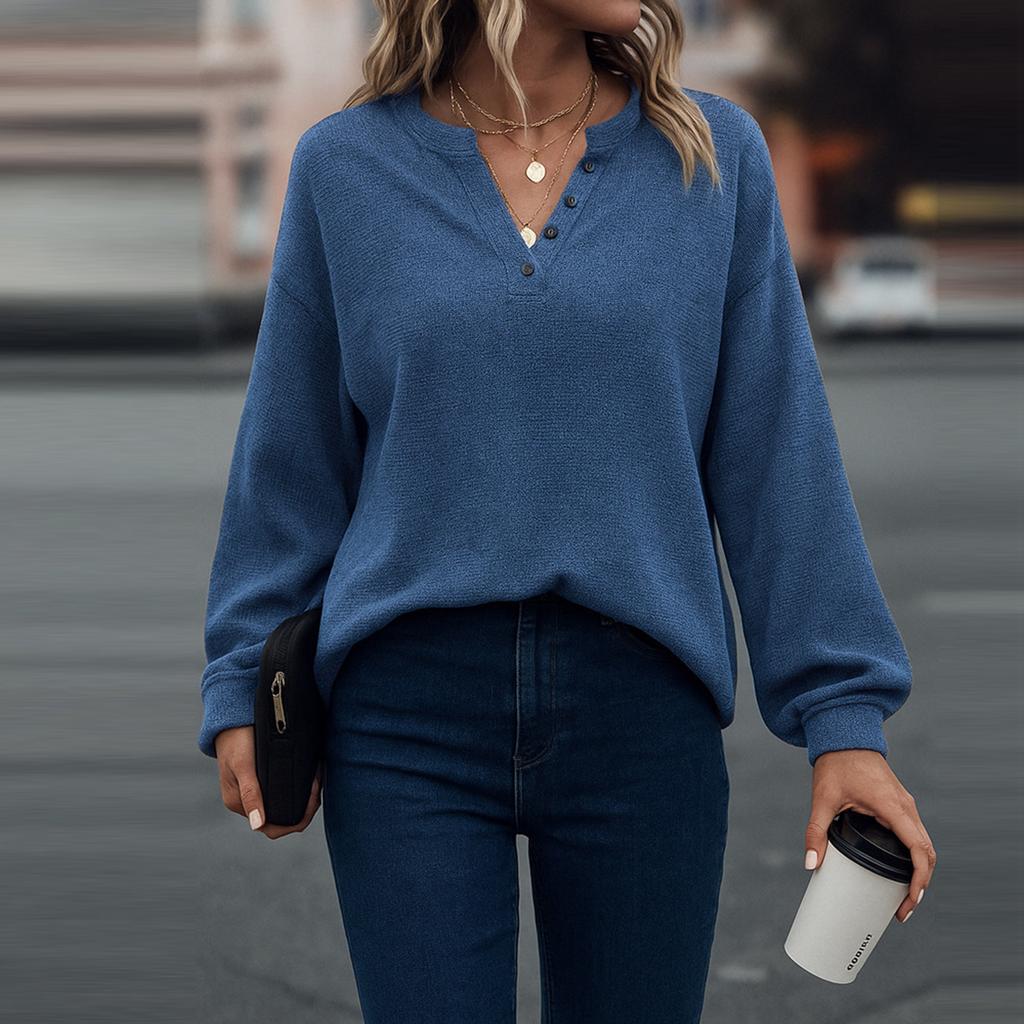 Women's Fashionable Solid Color Long Sleeved V-neck Button Casual Loose Pullover Top