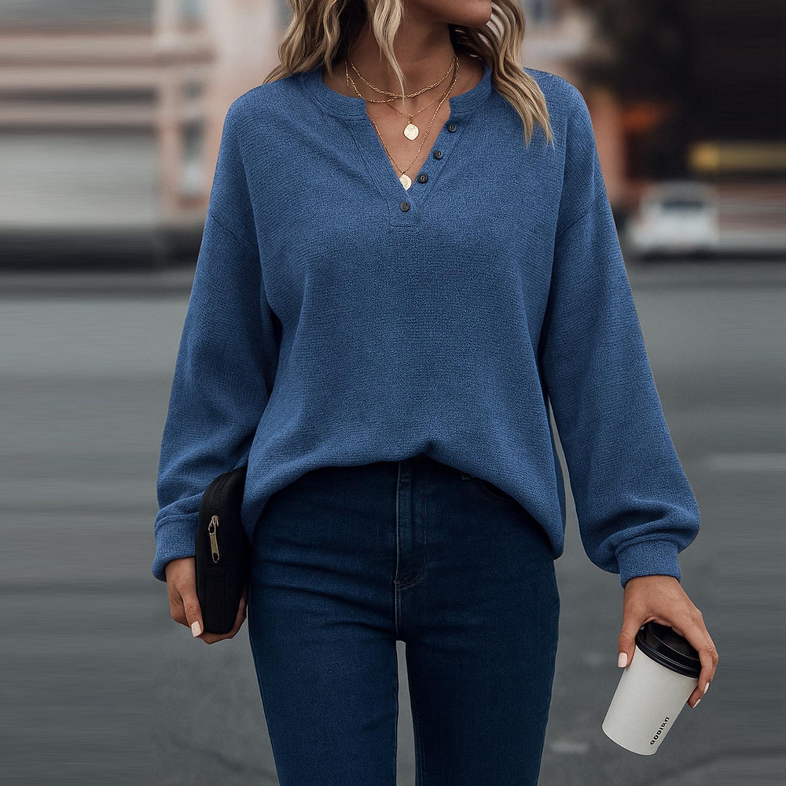 Women s Fashionable Color Long Sleeved V-neck Button Casual Loose Pullover Top L