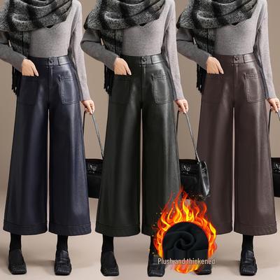 Pantalones de Cuero de Pierna Ancha Talla Grande de Cintura Alta para Mujer - Diseño Casual Recto de Terciopelo Corto Otoño/Invierno