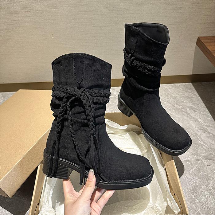 Retro wasteland fringed knight boots autumn design thick heel but knee Martin boots versatile fashion mid boots