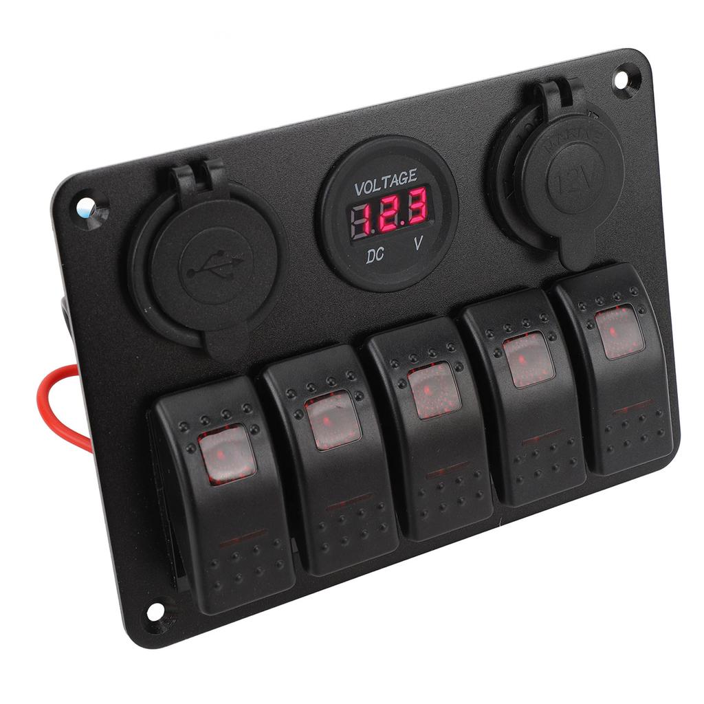Switch Panel DC 12 to 24V 5 Gang Aluminum Alloy IP65 Water Resistant Prewired Rocker Switch Panel with Dual USB Cigar