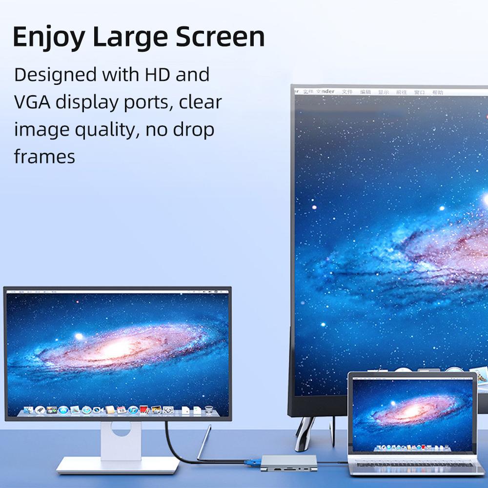 

Концентратор Type-C 11-в-1, корпус из алюминиевого сплава с портами USB2.0 USB3.0 HD VGA PD RJ45, слотами для карт SD TF