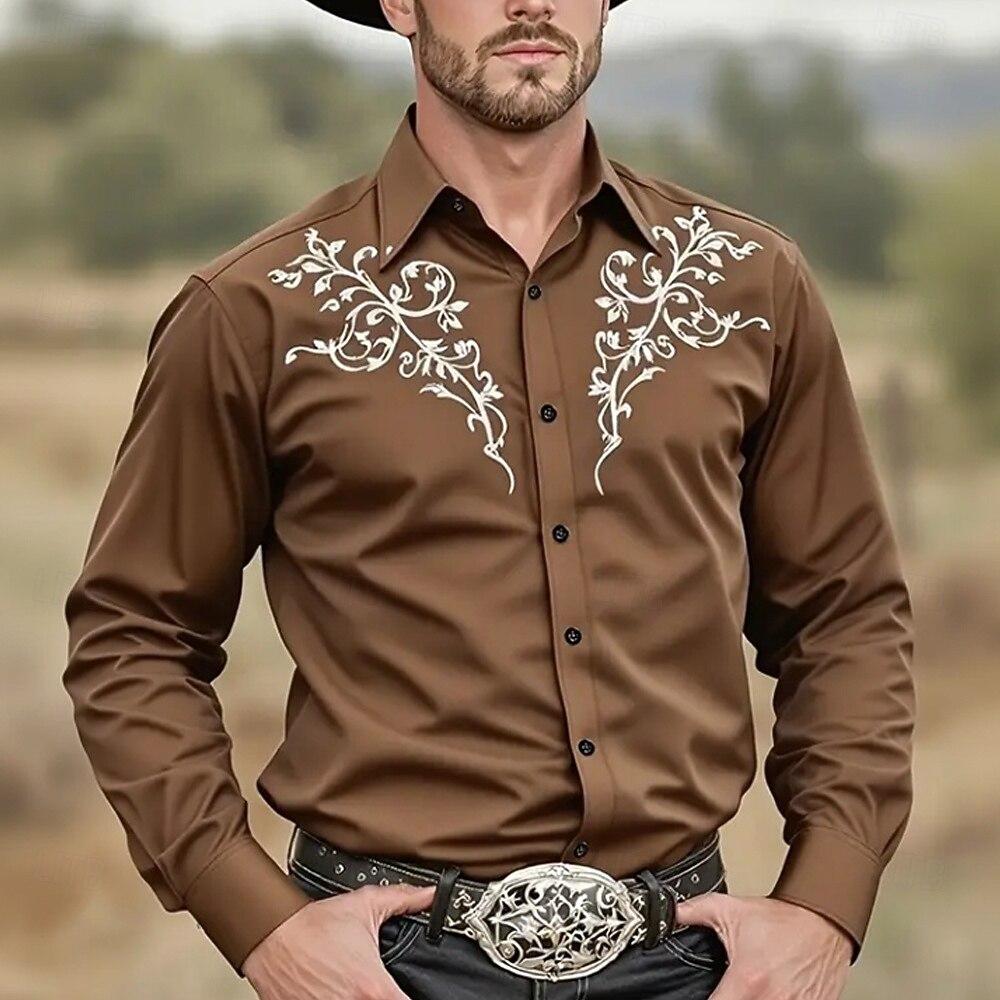 Camicia da Uomo con Stampa Floreale Lavorazione Etnica Camicia Western Camicia da Cowboy Manica Lunga Vintage Retrò Vacanza all'Aperto