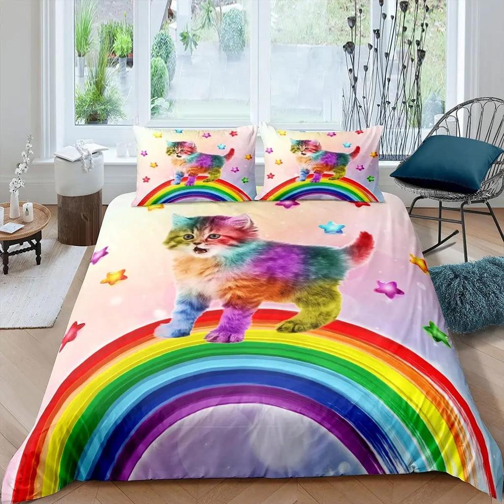 3D-Digitaldruck 2/3-teilig Bettbezug mit Tier- und Katzenmuster, Kissenbezug, Doppelbett-Set, Steppdecke, weiche Mikrofaser-Bettwäsche