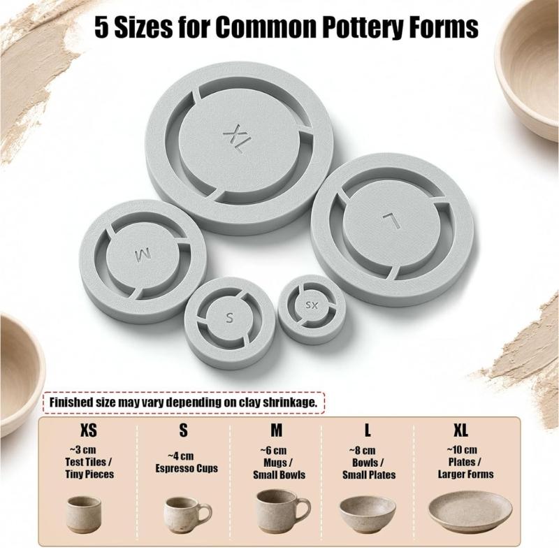 Pottery Bottom Shaping Form Set for Cups Bowls and Plates, 5 ABS Trimming Guides with Matte Texture and Assorted Diameter Coverage for Studio Use