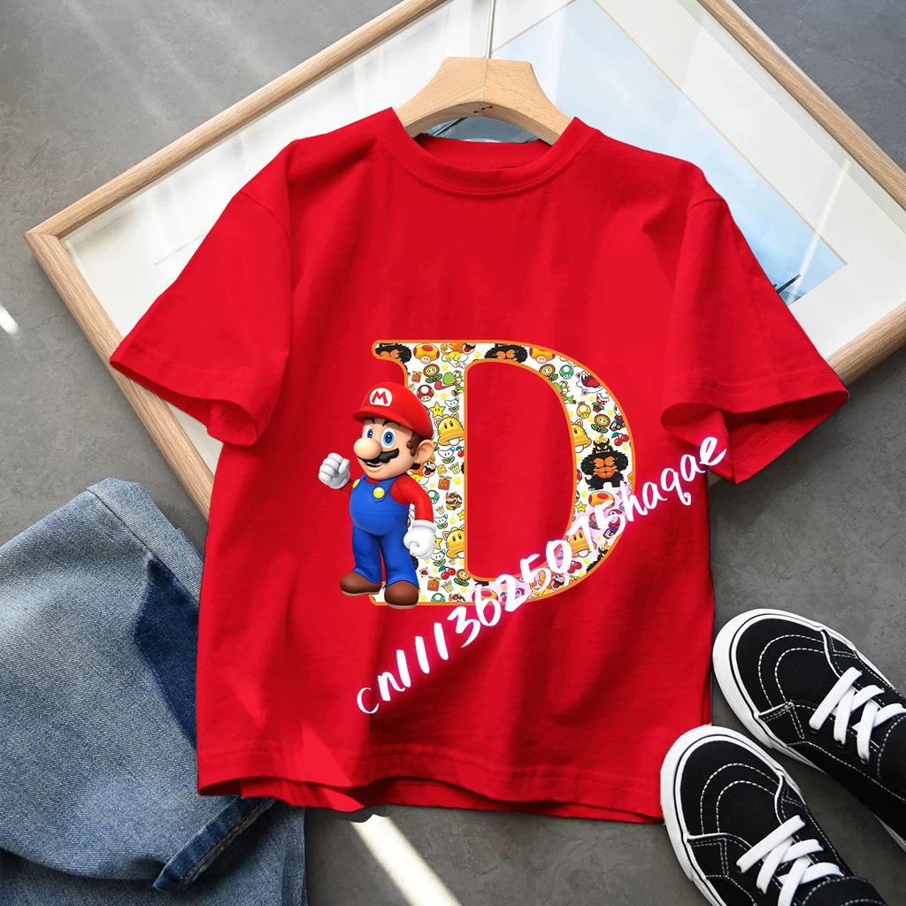 Super Mario Anime Birthday Lucky letter AZ Print T Shirt Cute Children Clothing Tops Toddler Tees Casual Clothes Tops Tees