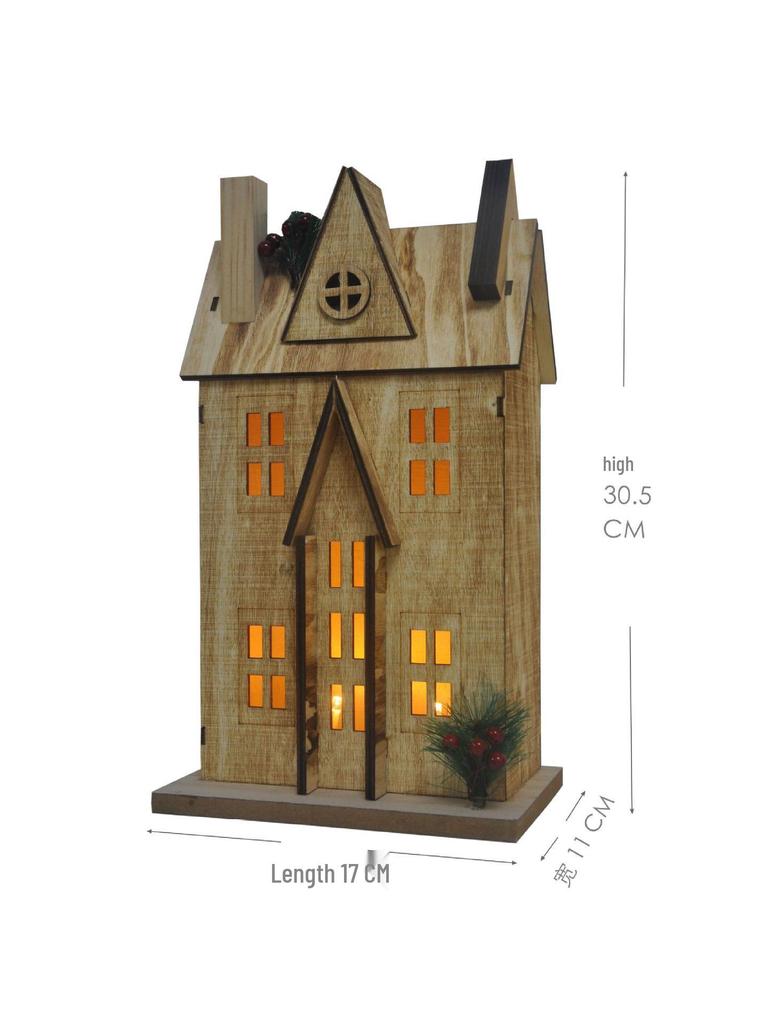 Nordic Style Aged Solid Wood LED Christmas House Ornament, 30CM High