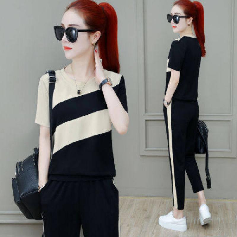 

2026 Summer Women s Plus Size Korean Style Short Sleeve Casual Sports Two-Piece Set Large хакі