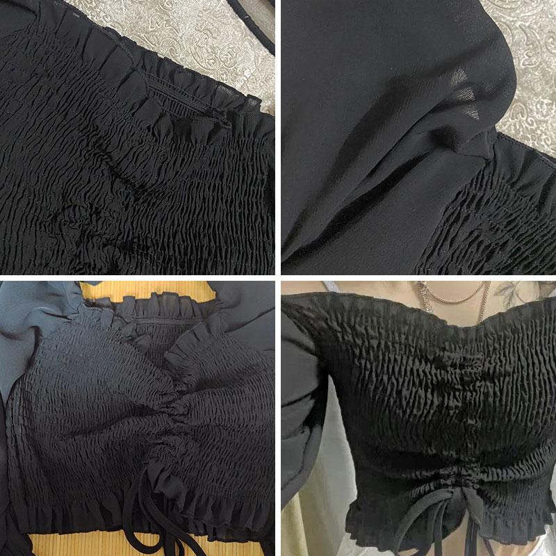 Chiffon-Bluse, sexy, schulterfrei, langärmelig, Kordelzug, kurzes Top, französisches V-Ausschnitt, hohe Taille, abgeschnittenes Nabel-Shirt, solide, modische Y2k-Tops