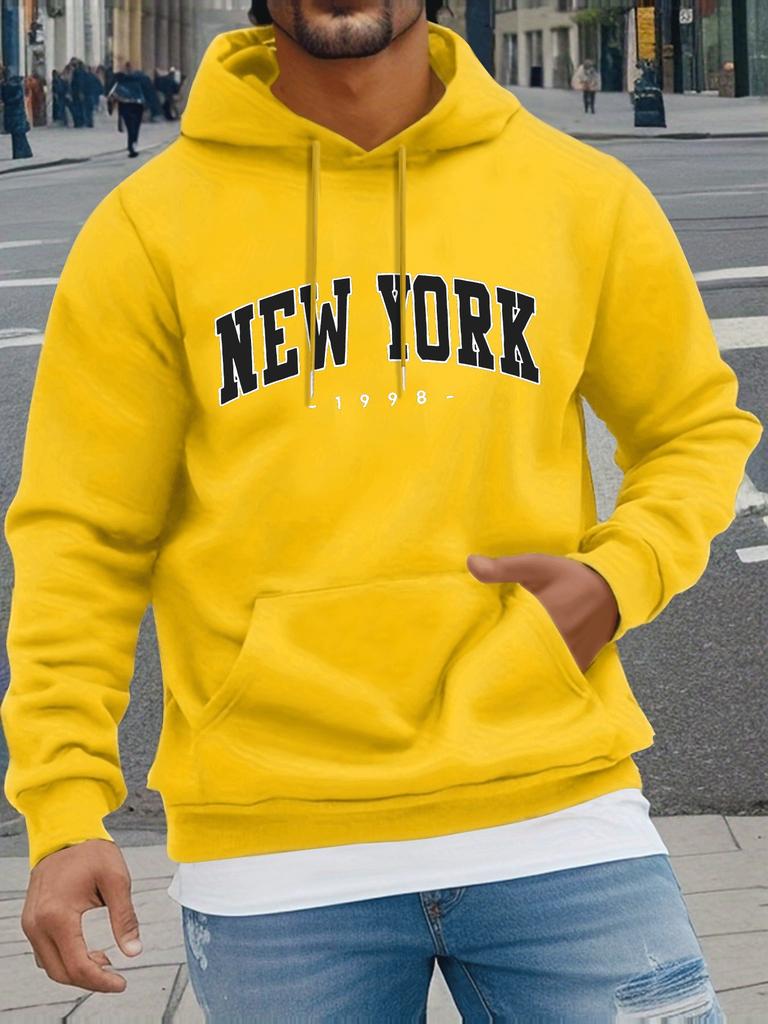 Vintage Curved NEW YORK 1998 Letter Print Men's Light Gray Hoodie, Hip Hop Sports Loose Pocket Street Sweatshirt