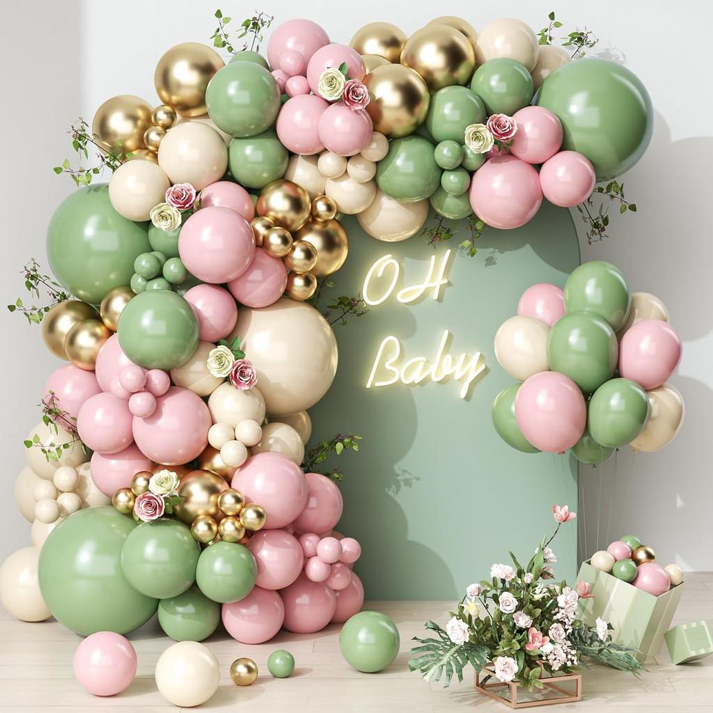 142PCS gray green pink latex balloon set suitable for birthday parties, weddings, Valentine's Day party decoration