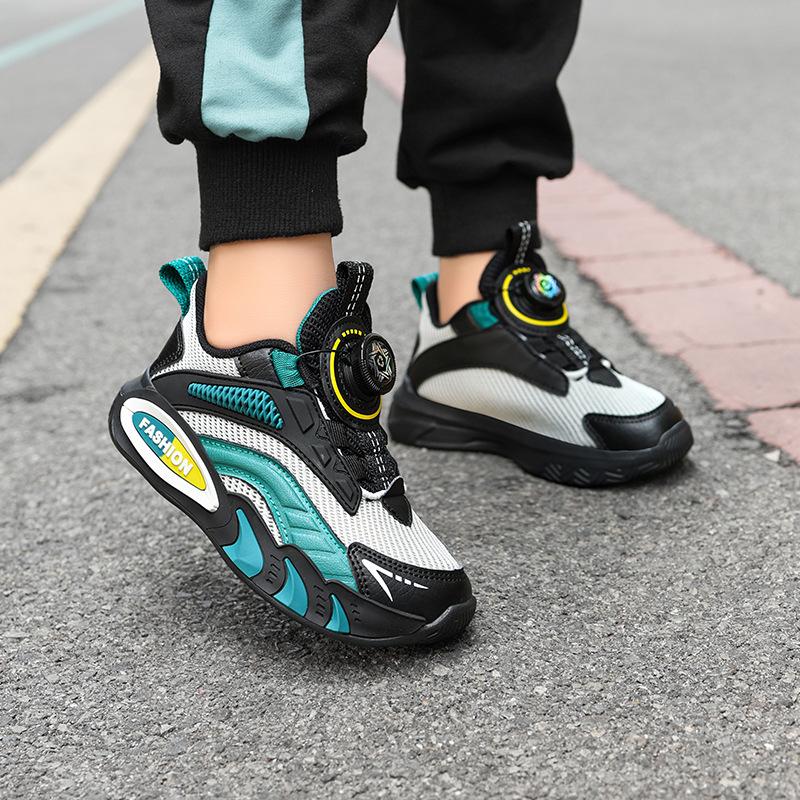 Boys' sports shoes 2025 autumn new rotating buckle leather waterproof children's basketball shoes boys casual running shoes