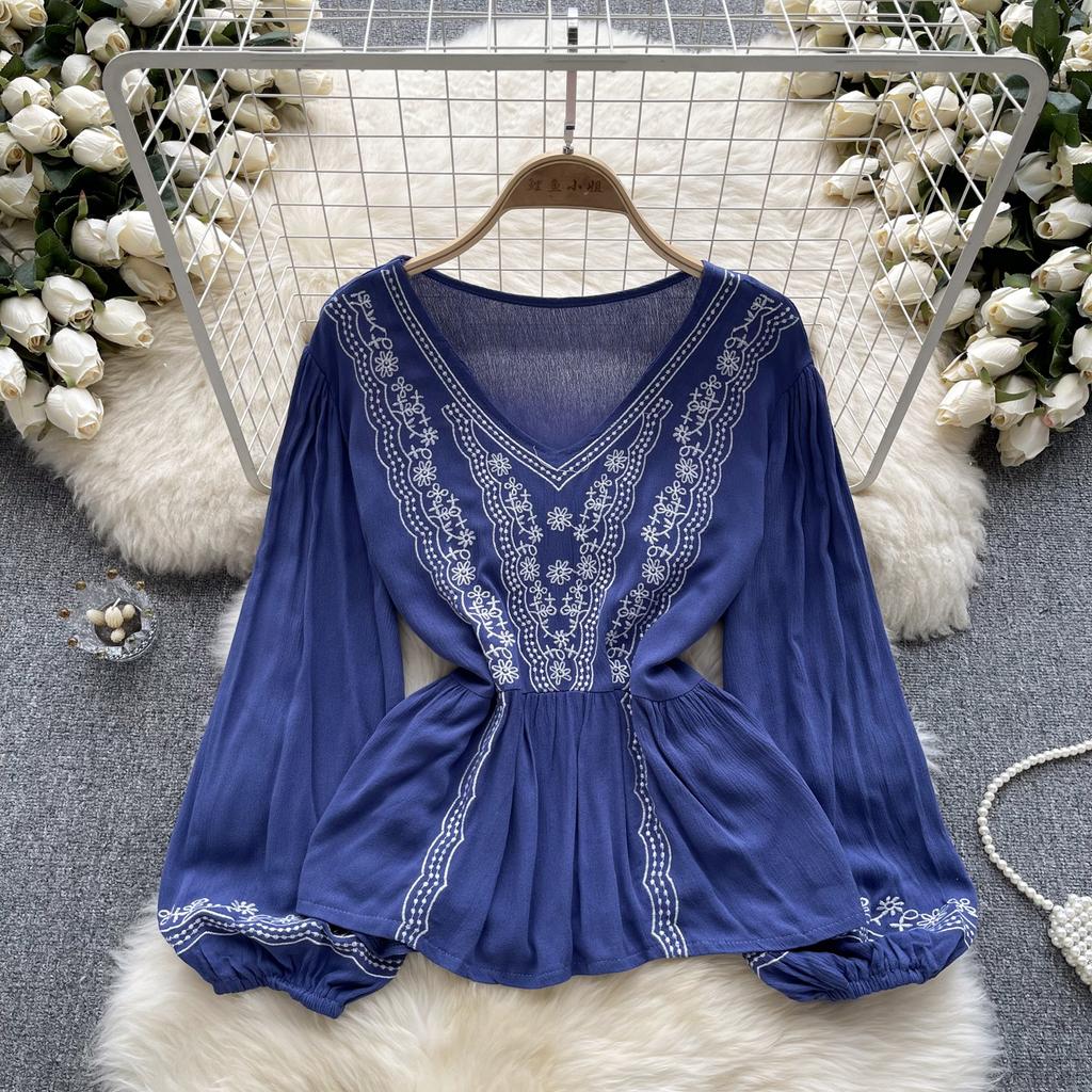 Damen Bestickte Häkel-Laternenärmel-Hemd Kurze Damenmode Bluse Frühling Retro Ethno-Stil Top Blusas