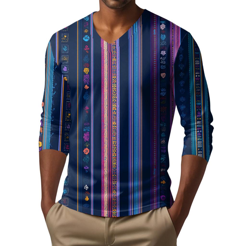 Men's V-neck Casual Fashion Printed Long-sleeved T-shirt Top