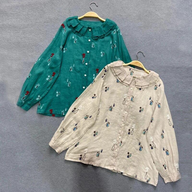 

Johnature японские винтажные женские топы с вышивкой Floarl, блузки, осенние свободные женские рубашки с оборками и воротником