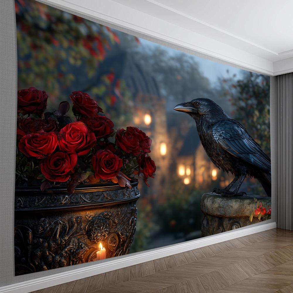 Theme of Crow and Rose Digital printing polyester wall hanging tapestry decorative Living room bedrooms Office background gift