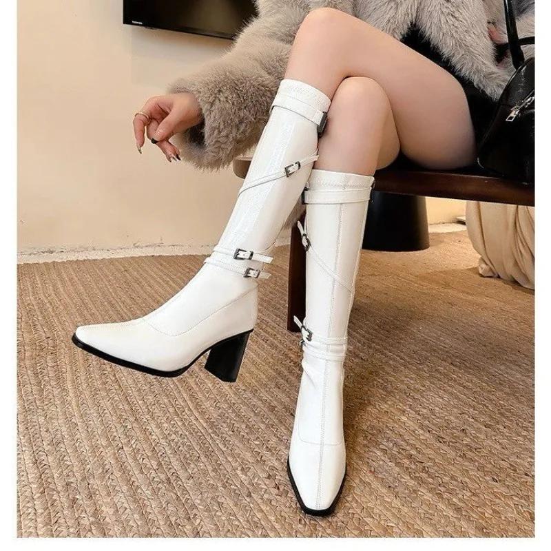 Popular High-heeled Boots Women's 2025 Temperament Thick-heeled Square-headed Knight Boots But Knee-high Boots