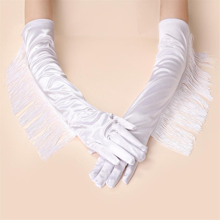 

Long Satin Gloves with Fringe for Wedding, Party, Cosplay, Dance L білий
