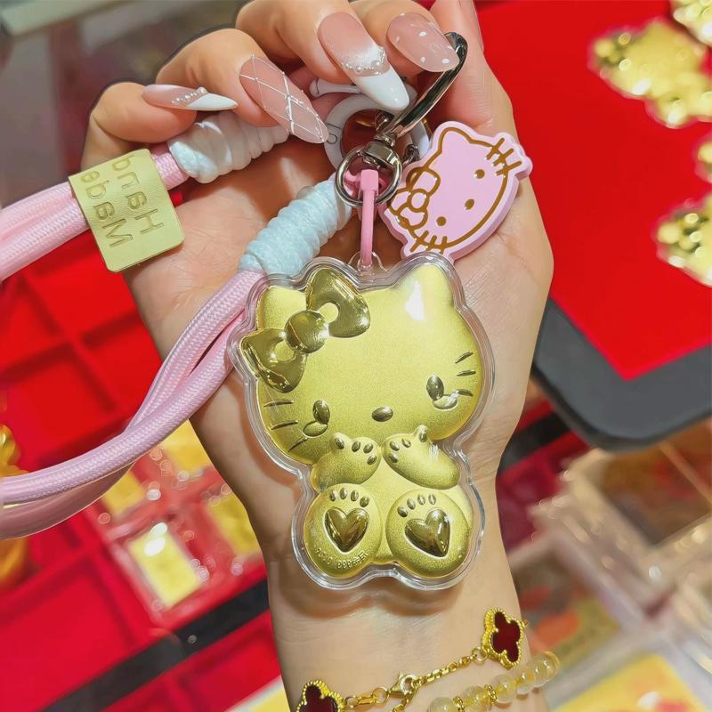 Customizable 999 Pure Gold Hello Kitty Pendant - Cute KT Cat Phone Lanyard Charm Gift