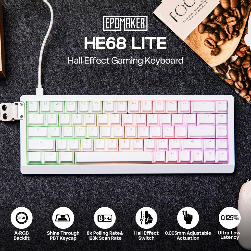 EPOMAKER HE68 Lite Hall Effect Magnetic Gaming Keyboard with 8000Hz Polling Rate & 128K Scan Rate, 0.01mm Adjustable Triggers, 0.125ms Latency,