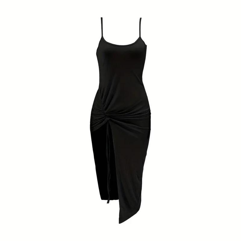 Summer Casual Sleeveless Square Neck Dresses for Female Solid Color Side Split Drawstring Tight Dress Women's High Waist Dress Party Evening Dress