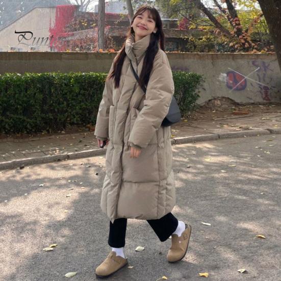 Solid Color Cotton Jacket Winter Down Coat Thickened Padded Stand Collar Neck Protection Knee Length Pockets Women Cold Weather Zipper Closure