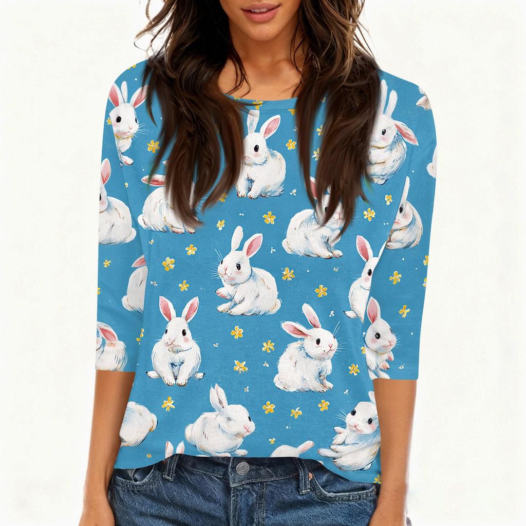 Women's Fashionable Casual Easter Bunny And Egg Print Neck Three-Quarter Sleeve T-Shirt