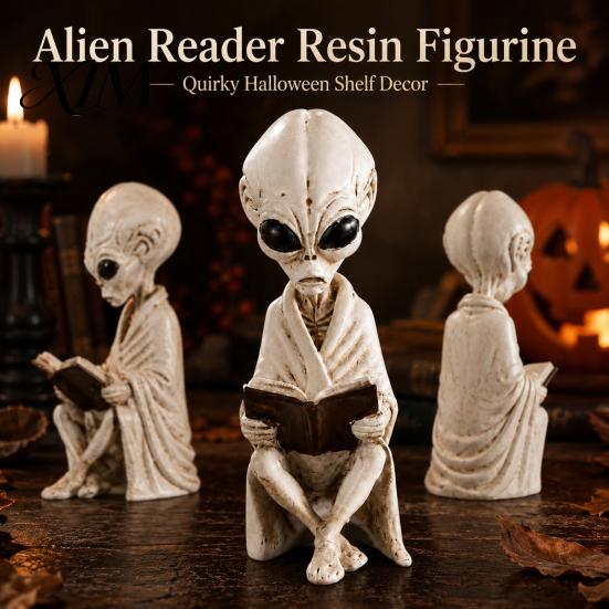 Creative Birthday Gifts for Sci-fi Fans Alien Sitting Resin Skeleton Statue, Retro Book Sci-Fi Dark Halloween Ornament, Gaming Room Shelf Ornaments