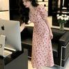 Summer sweet wind bubble sleeves V-neck floral dress women's high waist slim and thin A-shaped long skirt wholesale
