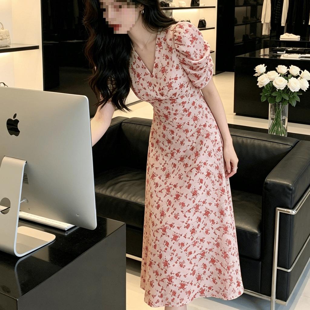 Summer sweet wind bubble sleeves V-neck floral dress women's high waist slim and thin A-shaped long skirt wholesale