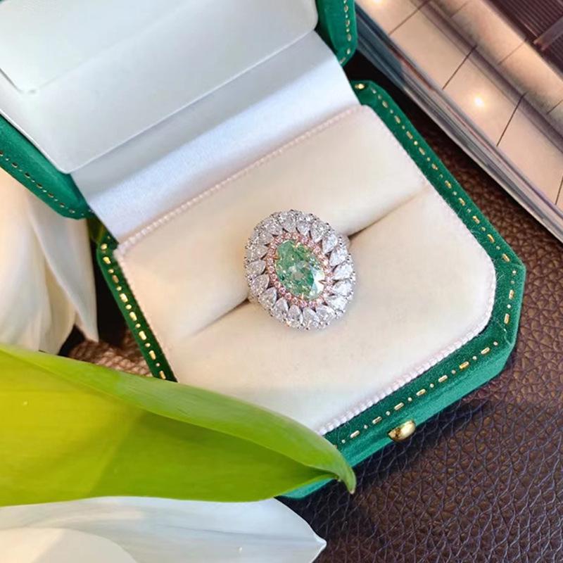 Lulu Tong 2 Carat Oval Green Diamond s925 Silver Ring, Natural Diamond, Elegant European & American Style.