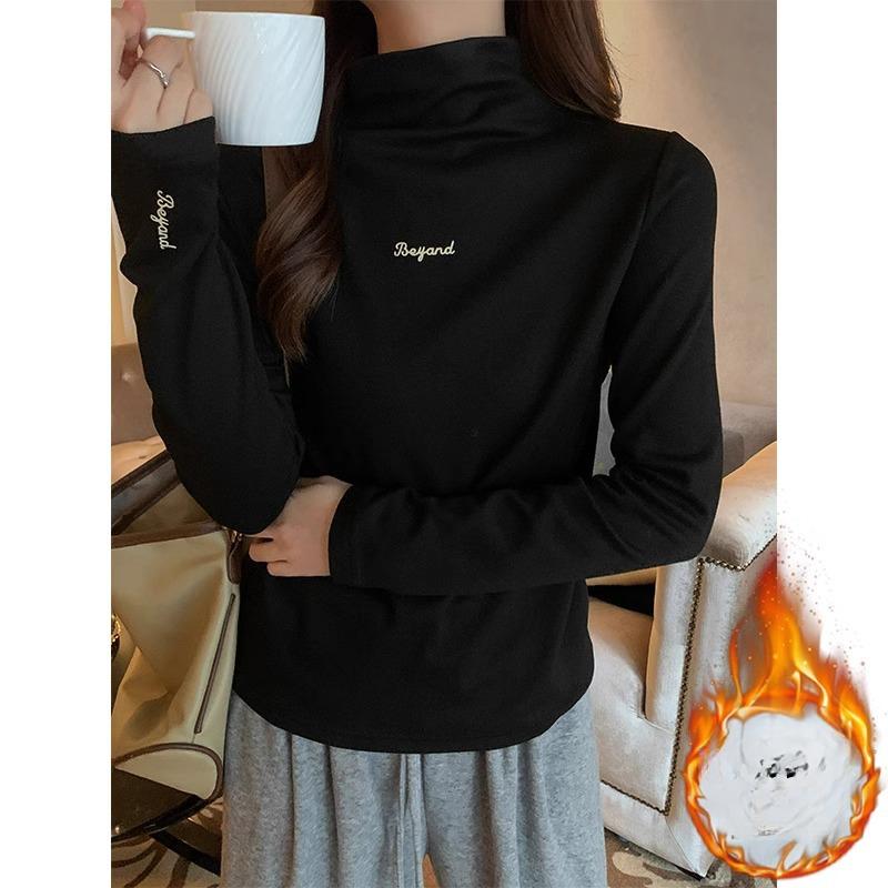 

Женская футболка с длинным рукавом и полуворотником, зимний новый стиль, немецкий бархат, утолщенная теплая внутренняя, приталенная, с принтом, базовая XL