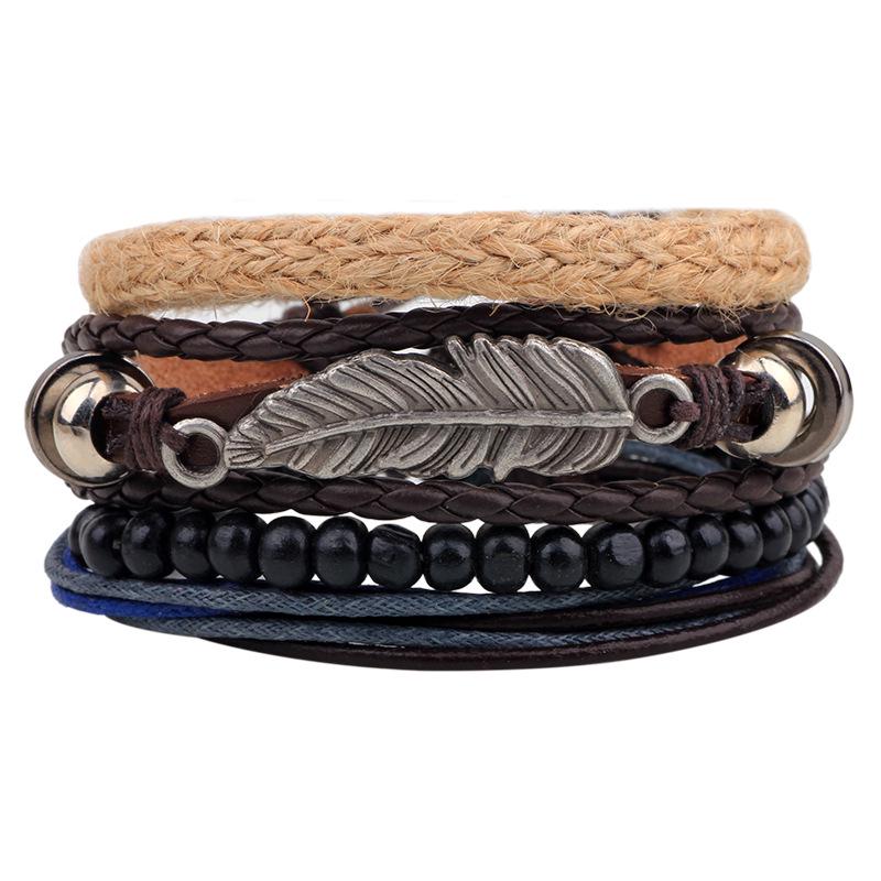 Men's Retro Multi-Strand Cowhide Anchor Bracelet Set with Wood Beads