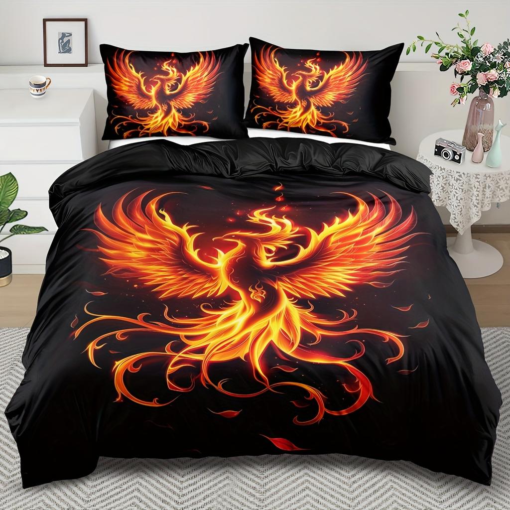 2/3Pcs Soft Comfortable Duvet Cover Duvet Cover Sets, Burning Phoenix Quilt Set, Black Background, Magic Bedding Set